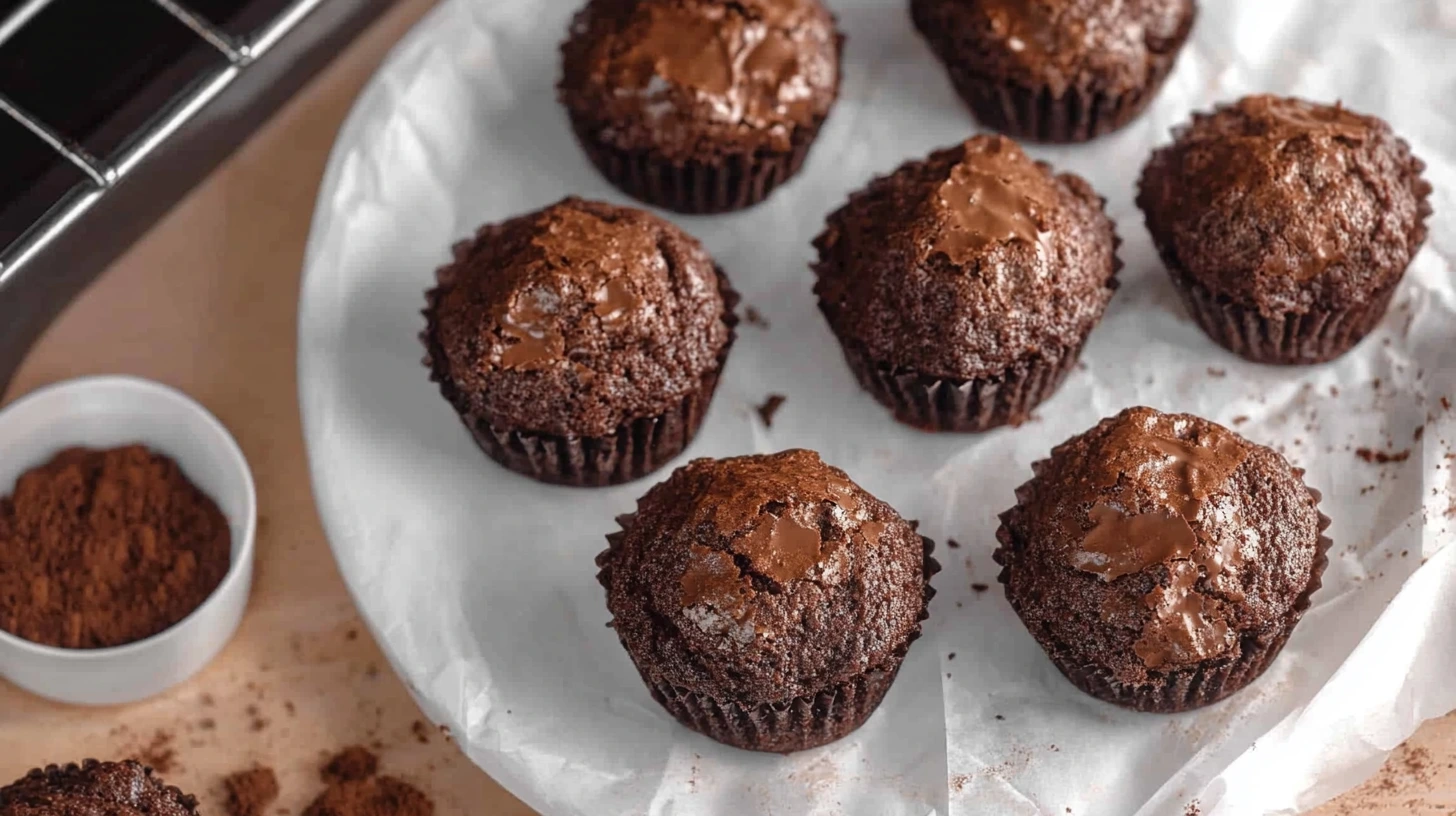 Fudgy brownie bites on a white plate