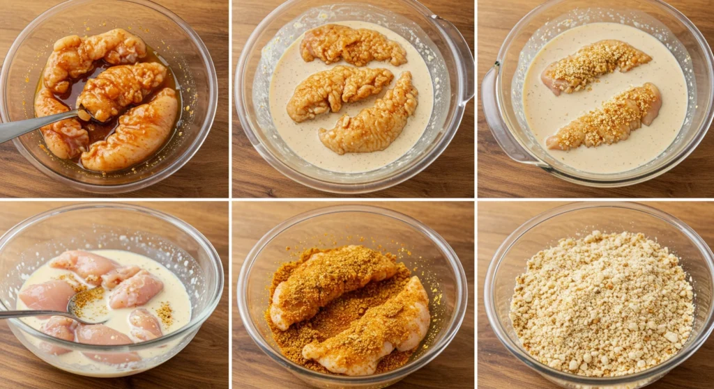 Preparing spicy chicken tenders with marinade and breading.