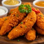 Crispy spicy chicken tenders with dipping sauces on a wooden platter.