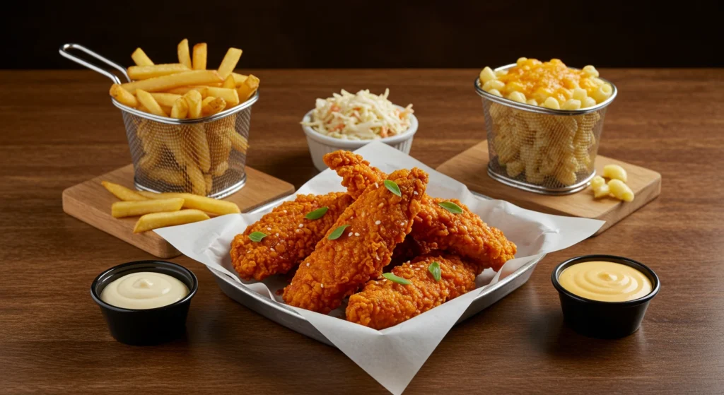 : Spicy chicken tenders with mac & cheese, coleslaw, and fries