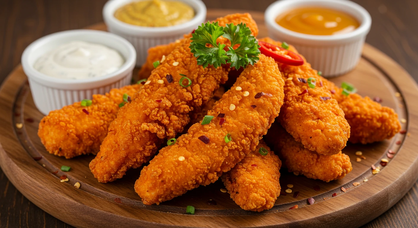 Crispy spicy chicken tenders with dipping sauces on a wooden platter.