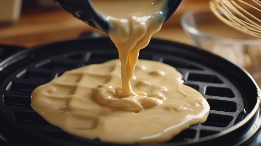 Bisquick waffle batter being poured into an empty waffle iron.