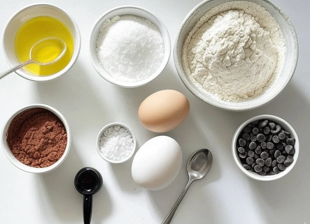 Ingredients for brownie bites, including butter, sugar, eggs, cocoa powder, flour, and chocolate chips, arranged on a white countertop.
