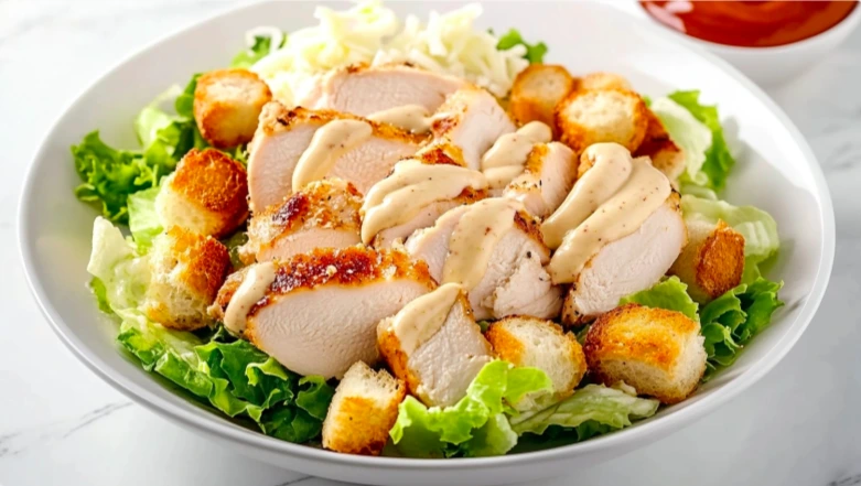 Freshly prepared Chicken Caesar Salad with grilled chicken and croutons.