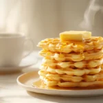 Stack of crispy Bisquick waffles with syrup and butter.