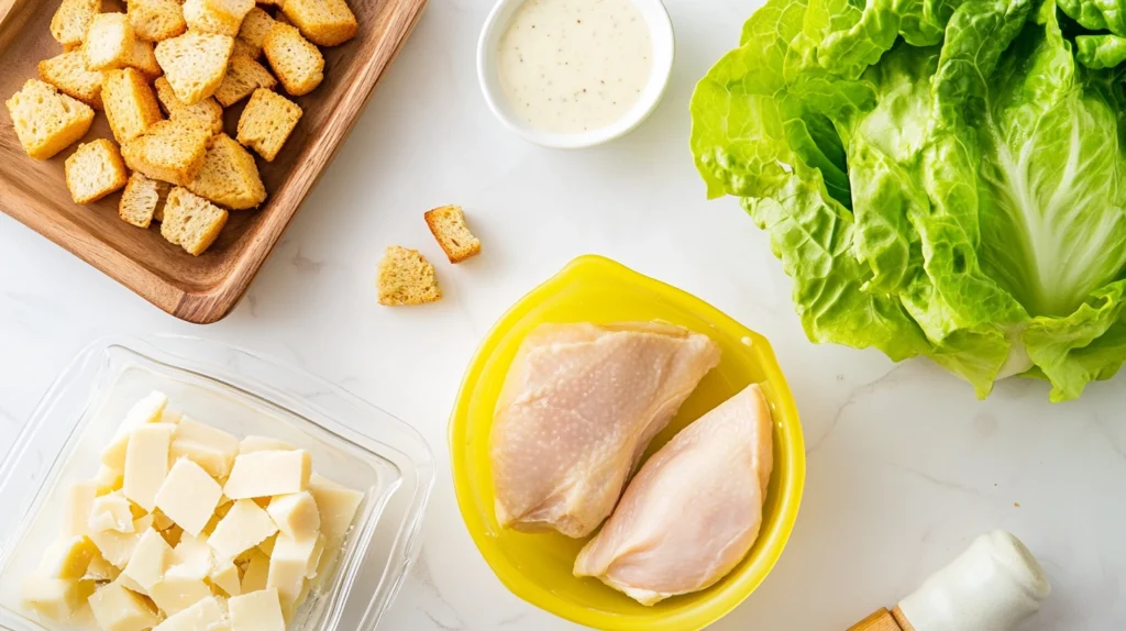 Fresh ingredients to make a Chicken Caesar Salad.