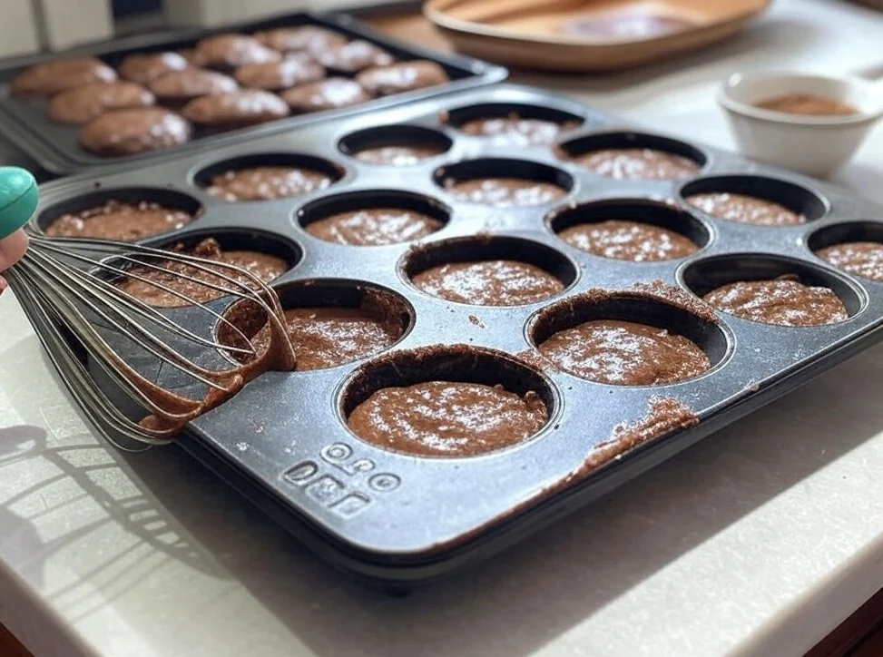 Batter-filled mini muffin pan with baking tools.