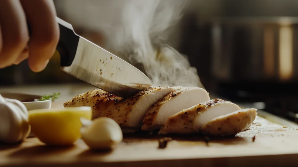 Juicy grilled chicken breast being sliced for Chicken Caesar Salad.